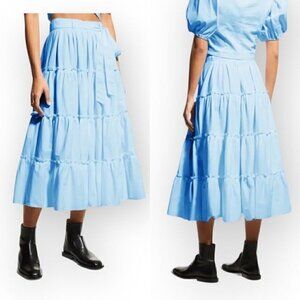 NWT‎ CINQ À SEPT Jackie Belted Tiered Midi Skirt, Size 4, Celeste Blue